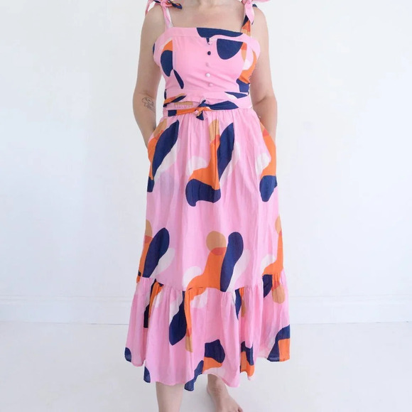 Ciebon Roma Pink & Navy Abstract Splash Apron Ruffle Cotton Midi Dress S - Picture 2 of 13